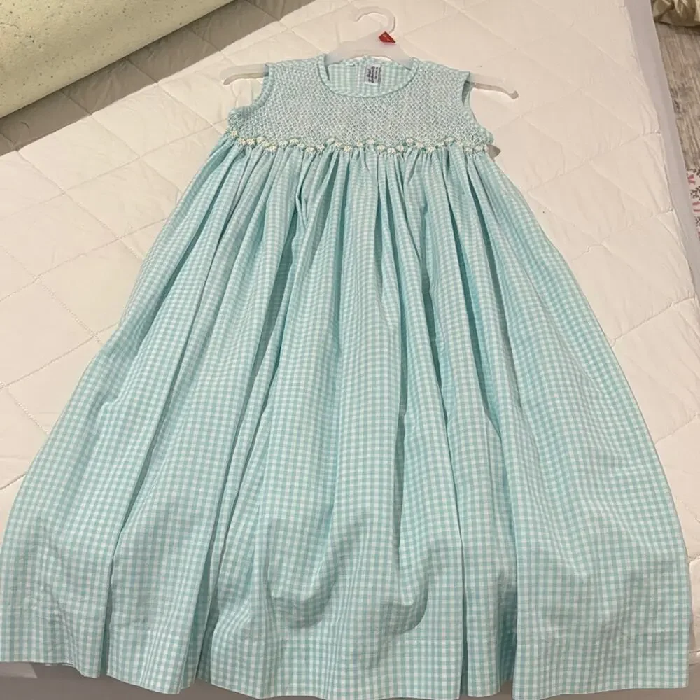 Orient express 7 Blue Gingham Sleeveless Dress smocking with daisies very long